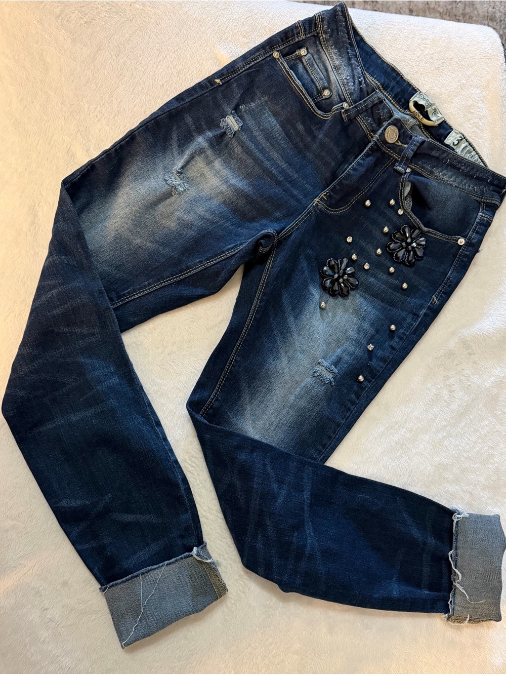 Indigo Rein Dark Blue Boyfriend Jeans with Floral Stud Embellishments